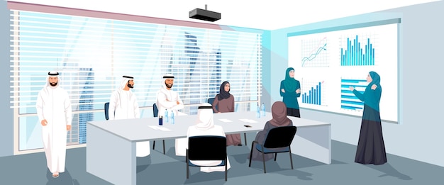 Een professionele ontmoeting met Arabische deelnemers in een moderne kantoor vector illustratie op een stadsbeeld achtergrond concept van zakelijke presentatie Vector illustratie