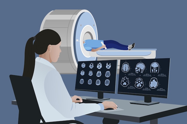 Vector een radioloog analyseert de resultaten van de mri van de hersenen van een patiënt op een computermonitor
