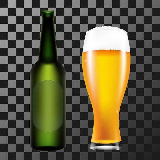 Een realistische fles en een glas bier met schuim