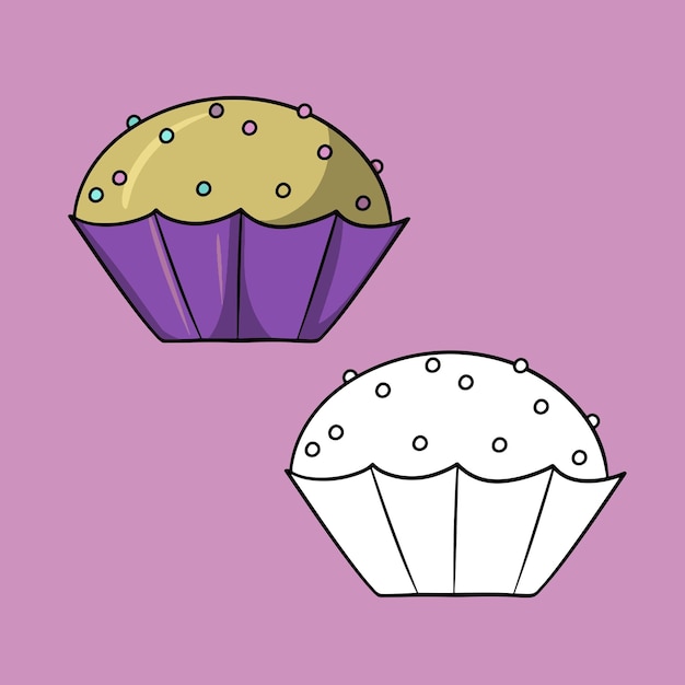 Een reeks afbeeldingen Ronde cupcake met veelkleurige ronde suikerkruimels in een lila cup vector cartoon