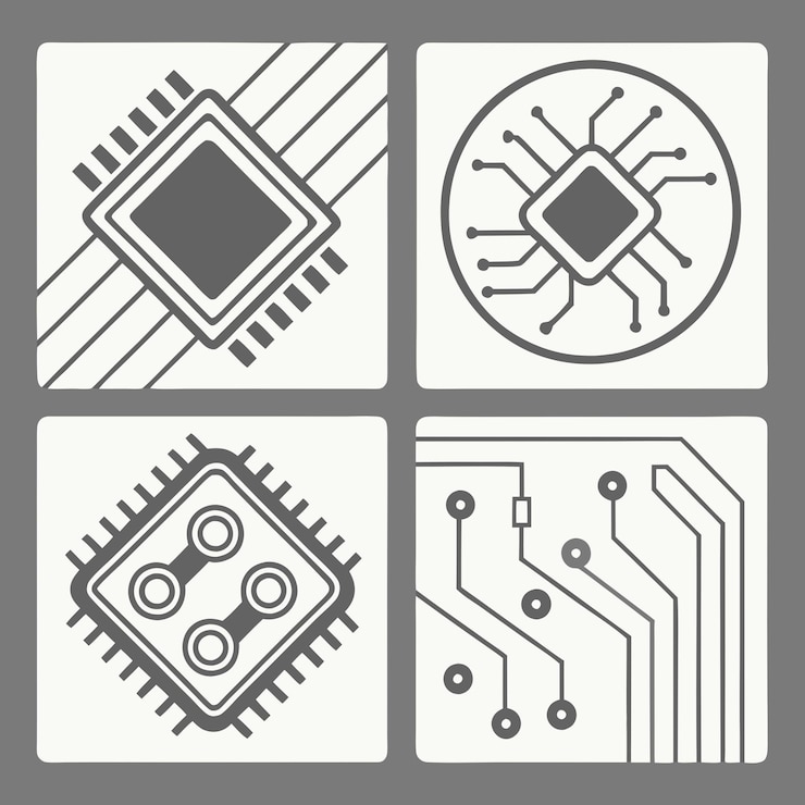 Vector een reeks afbeeldingen van elektronische onderdelen, met inbegrip van een printplaat