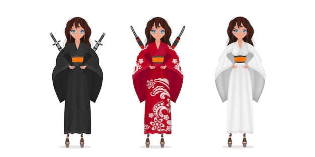 Een reeks animemeisjes in kimono met katana's cartoon-stijl geïsoleerde vector