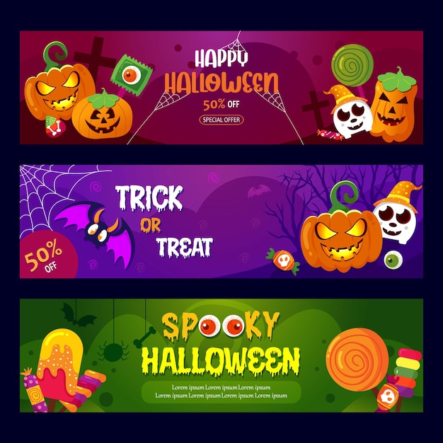 een reeks banners voor halloween met pompoenen en pompoenen