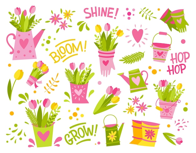 Een reeks eenvoudige heldere lente- en tuinillustraties en beletteringwoorden. waterblikken, bloemen, tulpen, handschoenen, bladeren en spatten.