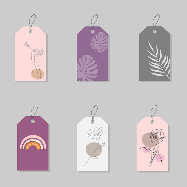 Een reeks etiketten met een ontwerp van een minimalistische stijl bloemen abstracte achtergrond voor verpakkingsproducten die textiel vectorillustratie bedrukken