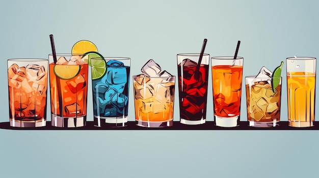 Vector een reeks foto's van verschillende dranken, waaronder oranje blauw en groen