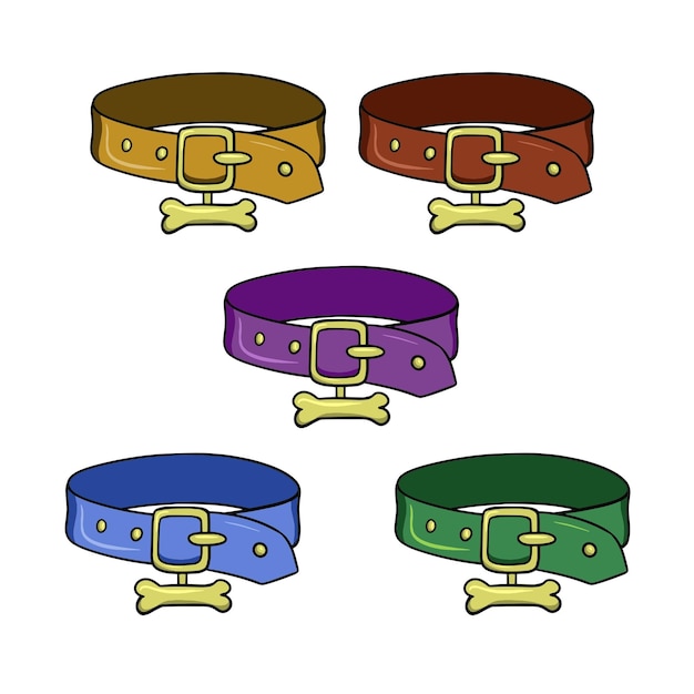 Een reeks gekleurde pictogrammen een leren halsband met een gouden tag vector cartoon