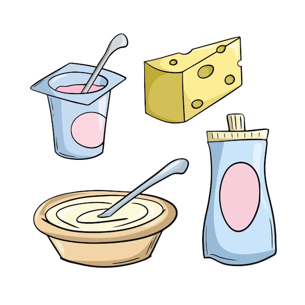 Een reeks gekleurde pictogrammen zuivelproducten een stuk kaas zure room yoghurt vector cartoon