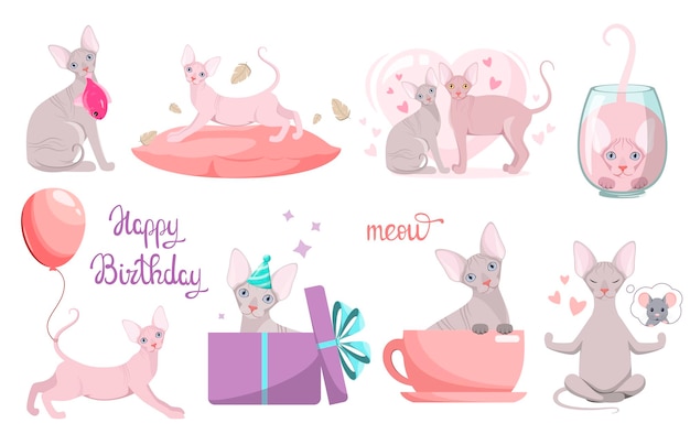 Een reeks grappige sfinxkatten op een witte achtergrond. Huisdieren. Cartoon ontwerp.