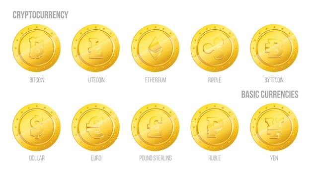Vector een reeks iconen van gouden munten cryptocurrency bitcoin litecoin ethereum ripple bytecoin