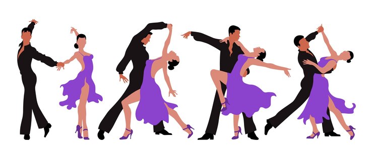 Vector een reeks illustraties dansen paren een man in het zwart en een vrouw in een paarse jurk