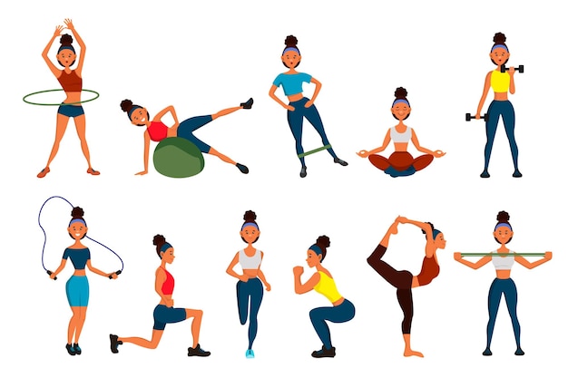 Vector een reeks illustraties fitness voor vrouwen. gezonde levensstijl