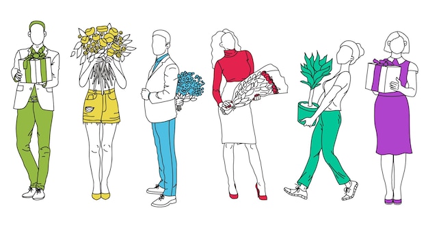 Een reeks illustraties rond het thema geschenken - mannen en vrouwen houden bloemen of geschenken vast.