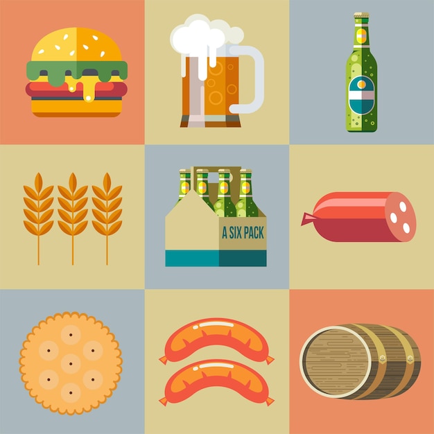 Een reeks illustraties van cliparts bier en snacks