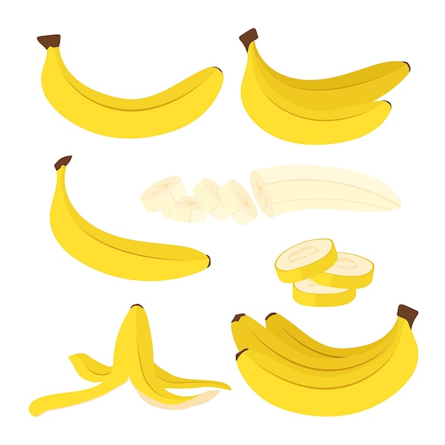 Een reeks illustraties van een rijpe gele banaan in een vlakke stijl Zoet rijp tropisch fruit geïsoleerd
