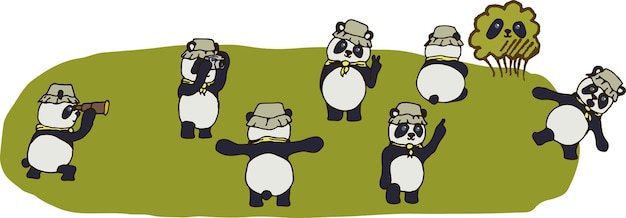 Een reeks illustraties van panda's in verschillende poses met een beroerte Dierenpanda-ontdekkingsreiziger verstopt