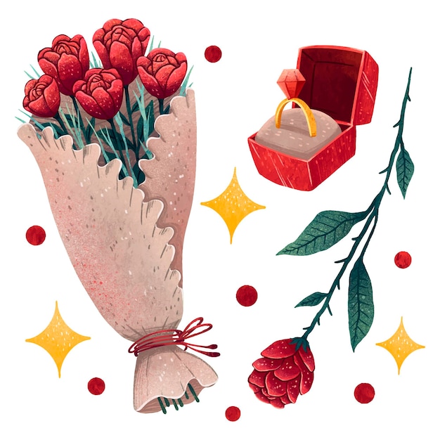 Een reeks illustraties voor 14 februari, een boeket bloemen, een doos met een ring, een roos, pailletten