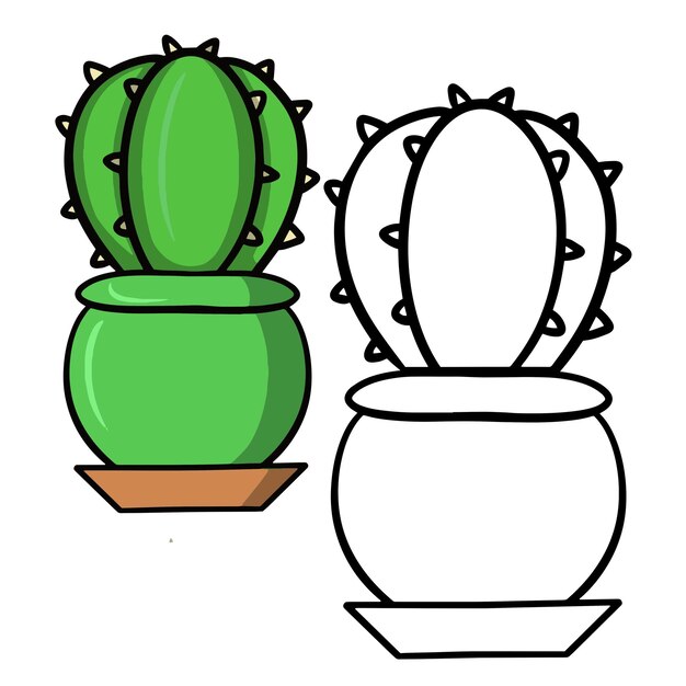 Een reeks kleuren en een schets van afbeeldingen grote ronde groene stekelige cactus in een groene keramische pot vector