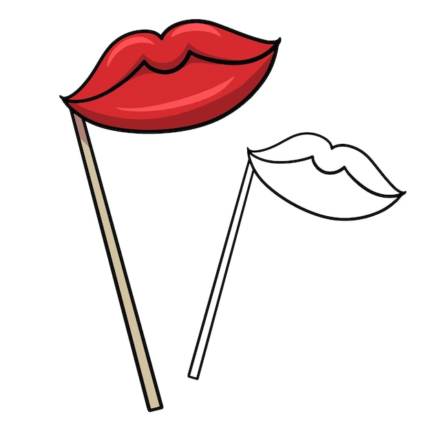 Een reeks kleuren en schetsfoto's Heldere rode lippen op een stok voor een fotoshoot vectorcartoon