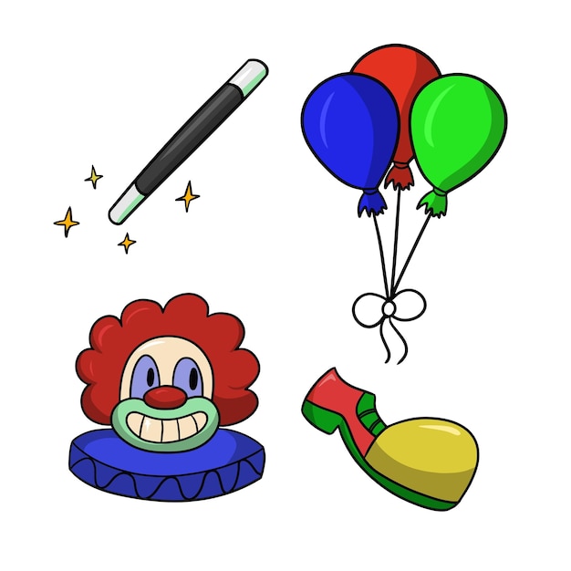 Vector een reeks kleurenillustraties rond het thema van de vectorbeeldverhaal van circusclownballons