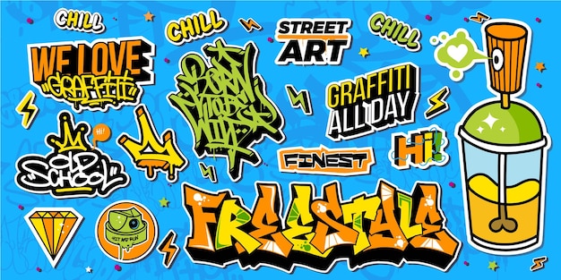 Een reeks kleurrijke graffitikunstillustraties voor stickers of behangkunstafdrukken