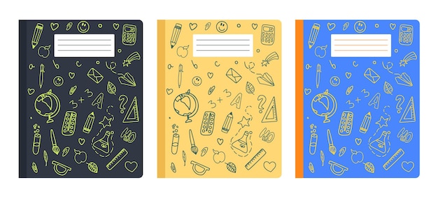 Een reeks kleurrijke notitieboekjes met krabbeltekeningen Vectorillustratie die op een witte achtergrond wordt geïsoleerd