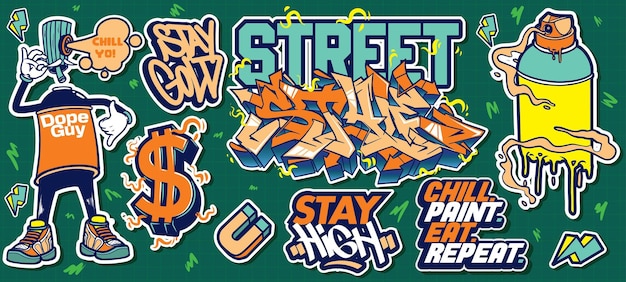 Een reeks kleurrijke of levendige stickerontwerpen voor graffitikunst. Straatkunst stedelijk thema