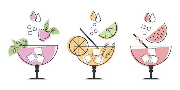 Een reeks lineaire tekeningen van verfrissende fruitcocktails met verschillende drankjes, ijsblokjes, rietjes