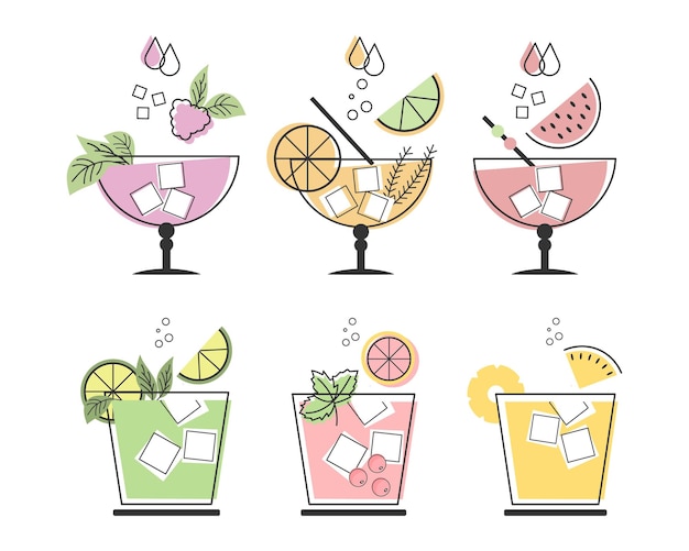 Een reeks lineaire tekeningen van verfrissende fruitcocktails met verschillende drankjes, ijsblokjes, rietjes