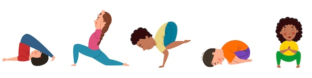 Een reeks mooie meisjes en jongens van verschillende nationaliteiten houdt zich bezig met yoga Yoga voor kinderen