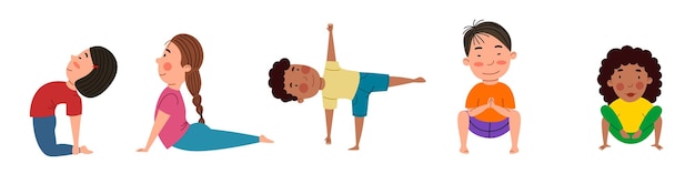 Een reeks mooie meisjes en jongens van verschillende nationaliteiten houdt zich bezig met yoga Yoga voor kinderen