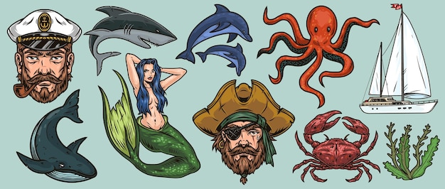 Vector een reeks oude illustraties op het mariene thema geïsoleerde dieren en zeekarakters