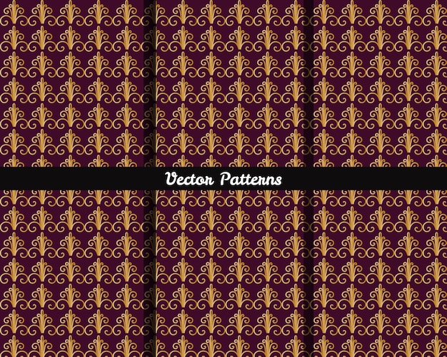 Een reeks paarse en gouden patronen met het woorden vectorpatroon.