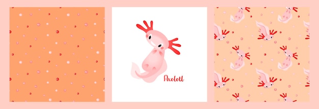 Een reeks patronen en posters met schattige cartoon axolotls waterdieren amfibieën