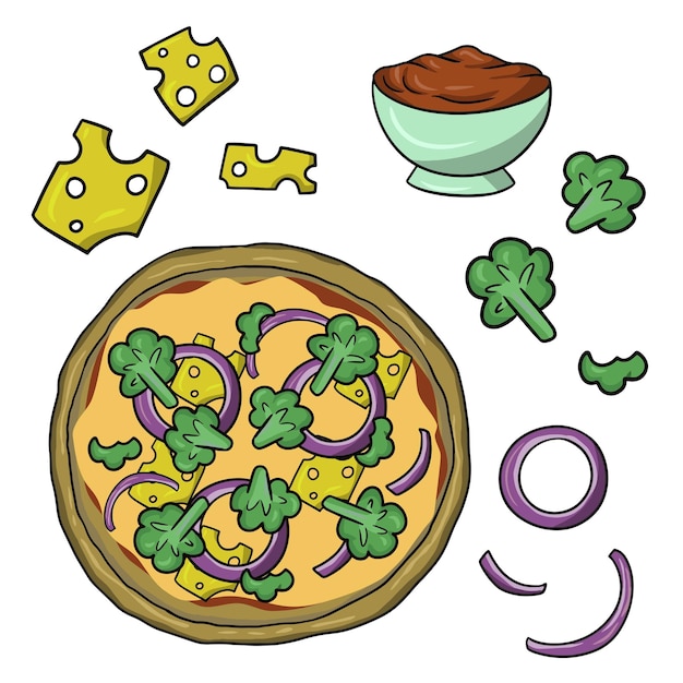 Een reeks pictogrammen voor het maken van pizza met broccoli vectorillustratie in cartoon-stijl