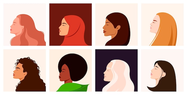 Een reeks portretten van vrouwen van verschillende nationaliteiten en culturen. Profiel.