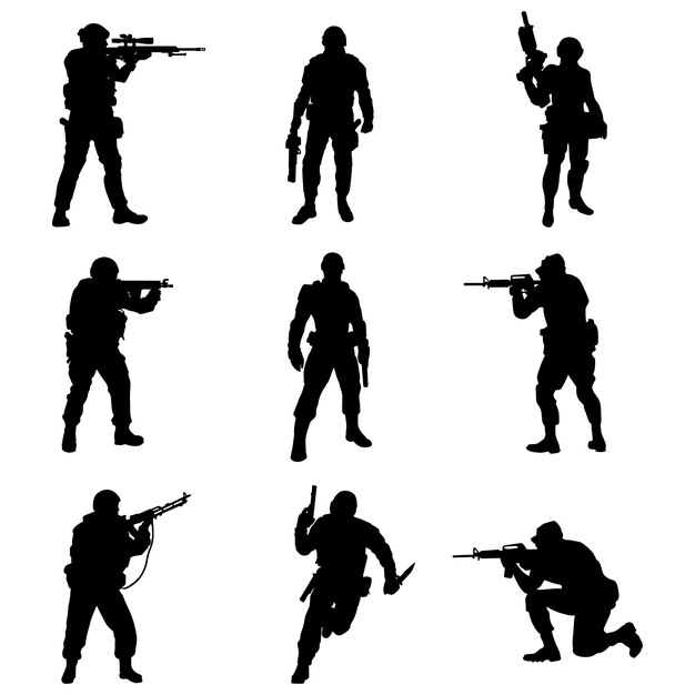 Vector een reeks silhouetten van soldaten met verschillende poses en de woorden militair.