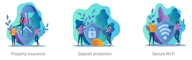 Een reeks vectorillustraties over een zakelijk onderwerp eigendomsverzekering aanbetalingsbescherming secure wifi