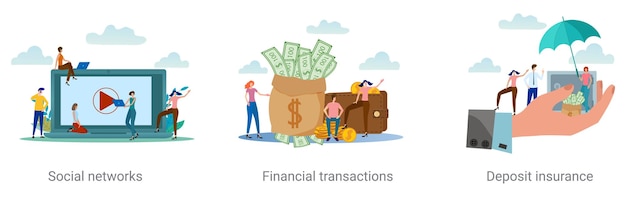 Een reeks vectorillustraties over een zakelijk onderwerp Sociale netwerken Financiële transacties Storting