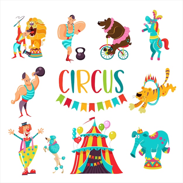 Een reeks vectorillustraties van circusartiesten en getrainde dieren.