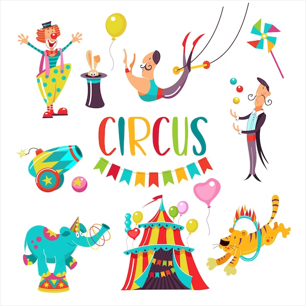 Een reeks vectorillustraties van circusartiesten en getrainde dieren.