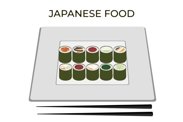 Een reeks vectorpictogrammen van heerlijke gekleurde sushi rolt Traditionele Japanse keuken