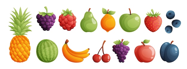 Vector een reeks vruchten bestaande uit ananas framboos bosbessen peer citroen en appel aardbeien bosbessen watermeloen banaan kersen druif perzik en pruim gedetailleerde cartoon stijl vector
