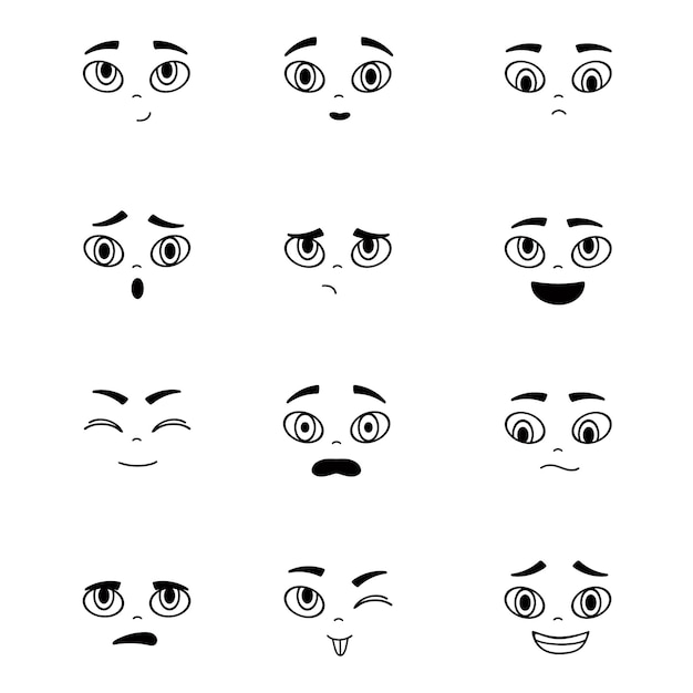 Vector een reeks zwart-witillustraties van gezichtsuitdrukkingen met verschillende stemmingen