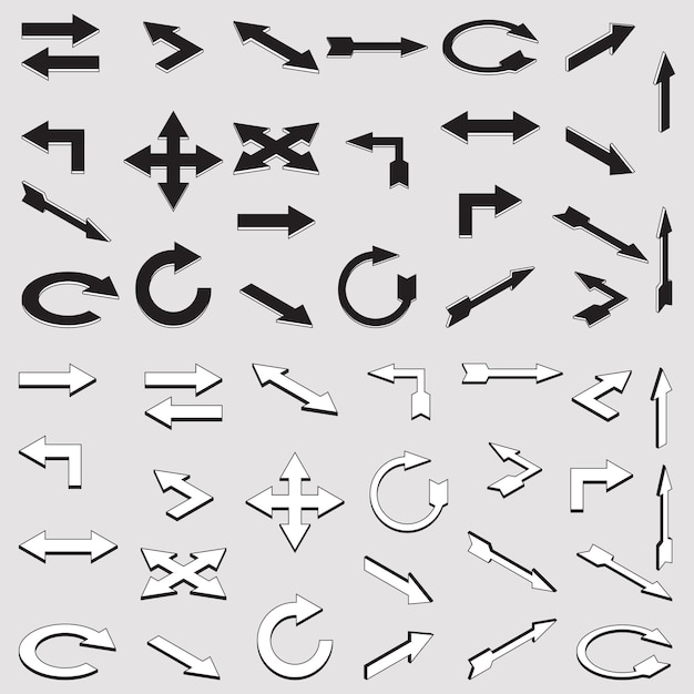 Een reeks zwart-witte pijlpictogrammen in verschillende hoeken op een grijze achtergrond