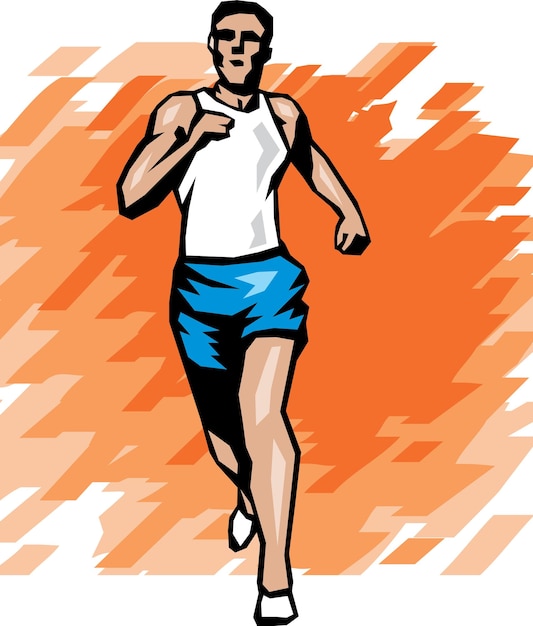 Een rennende man met een wit topje en een blauwe korte broek.