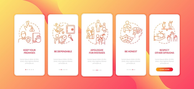 Een respectvolle vriend zijn die het paginascherm van de mobiele app met concepten onboardt. vrienden helpen en begrijpen 5 stappen grafische instructies. ui-vectorsjabloon met rgb-kleurenillustraties