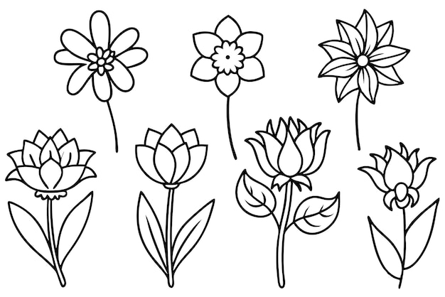 een rij bloemen getekend op een witte achtergrond