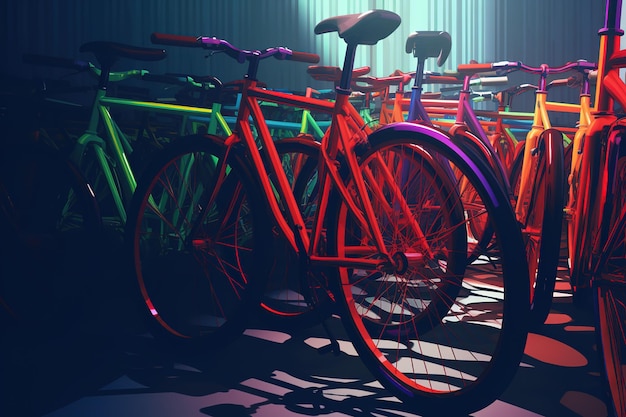 een rij van kleurrijke fietsen met de regenboog gekleurde handgrepen