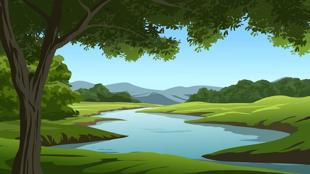 Vector een rivier in een groen landschap met bomen en bergen op de achtergrond